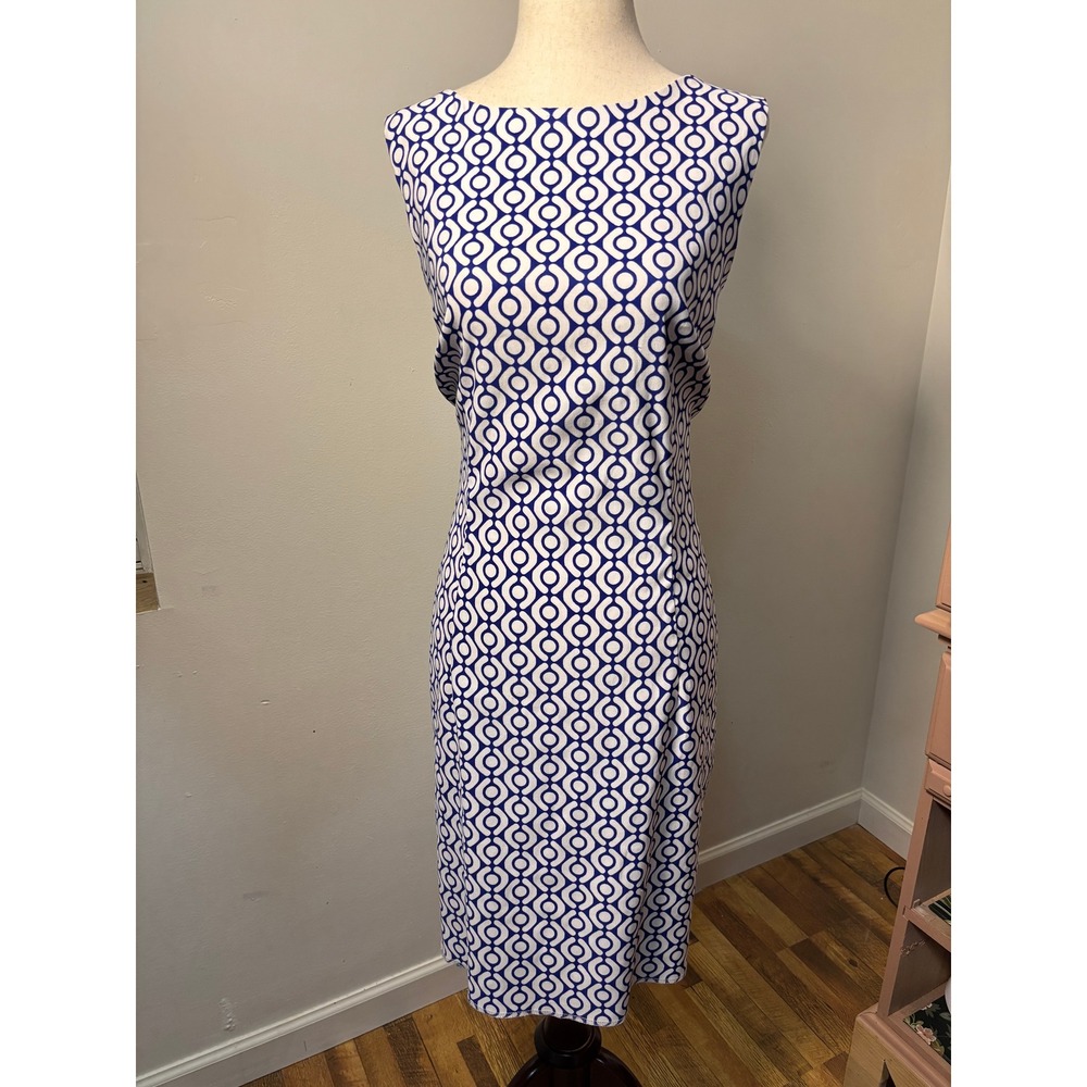 Alyx Limited Blue White Geometric Sheath Dress Sleeveless Career Office 16